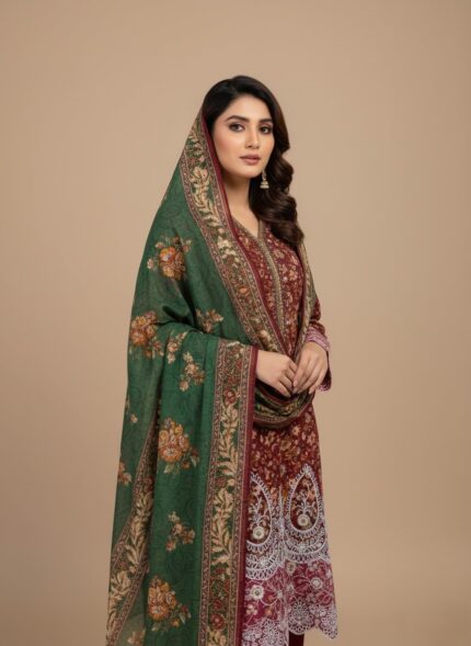 Model in a maroon floral printed lawn dress, a three-piece summer collection with white embroidered cutwork on shirt, contrasting green patterned dupatta, and matching trousers.