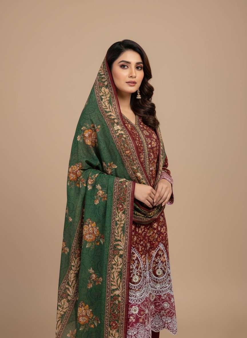Stunning Maroon Floral Printed Lawn Dress with Intricate Embroidery 1 Model in a maroon floral printed lawn dress, a three-piece summer collection with white embroidered cutwork on shirt, contrasting green patterned dupatta, and matching trousers.