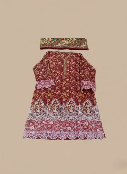 Model in a maroon floral printed lawn dress, a three-piece summer collection with white embroidered cutwork on shirt, contrasting green patterned dupatta, and matching trousers.