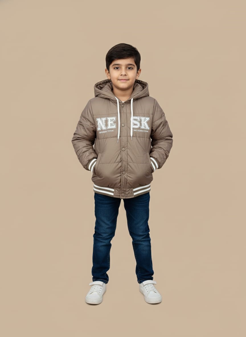Stylish Boys Hooded Puffer Jacket Tan hooded puffer jacket for boys with white "NE SK" lettering on the front, ribbed striped cuffs, and a button closure.