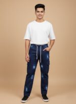Dark blue denim kids cargo jeans with white drawstring and side cargo pockets, featuring distressed details, suitable for boys and girls.