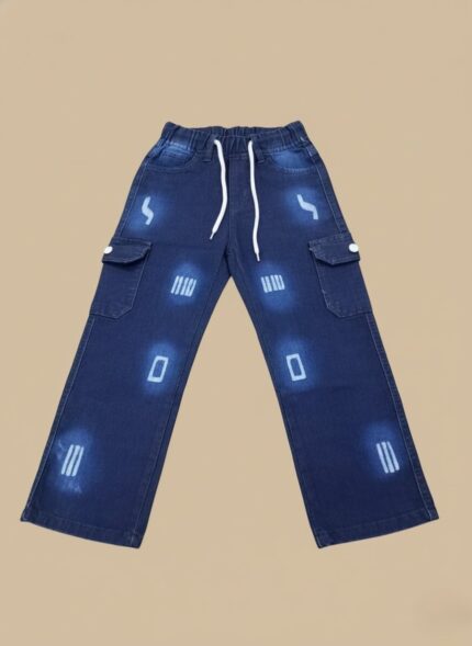 Dark blue denim kids cargo jeans with white drawstring and side cargo pockets, featuring distressed details, suitable for boys and girls.