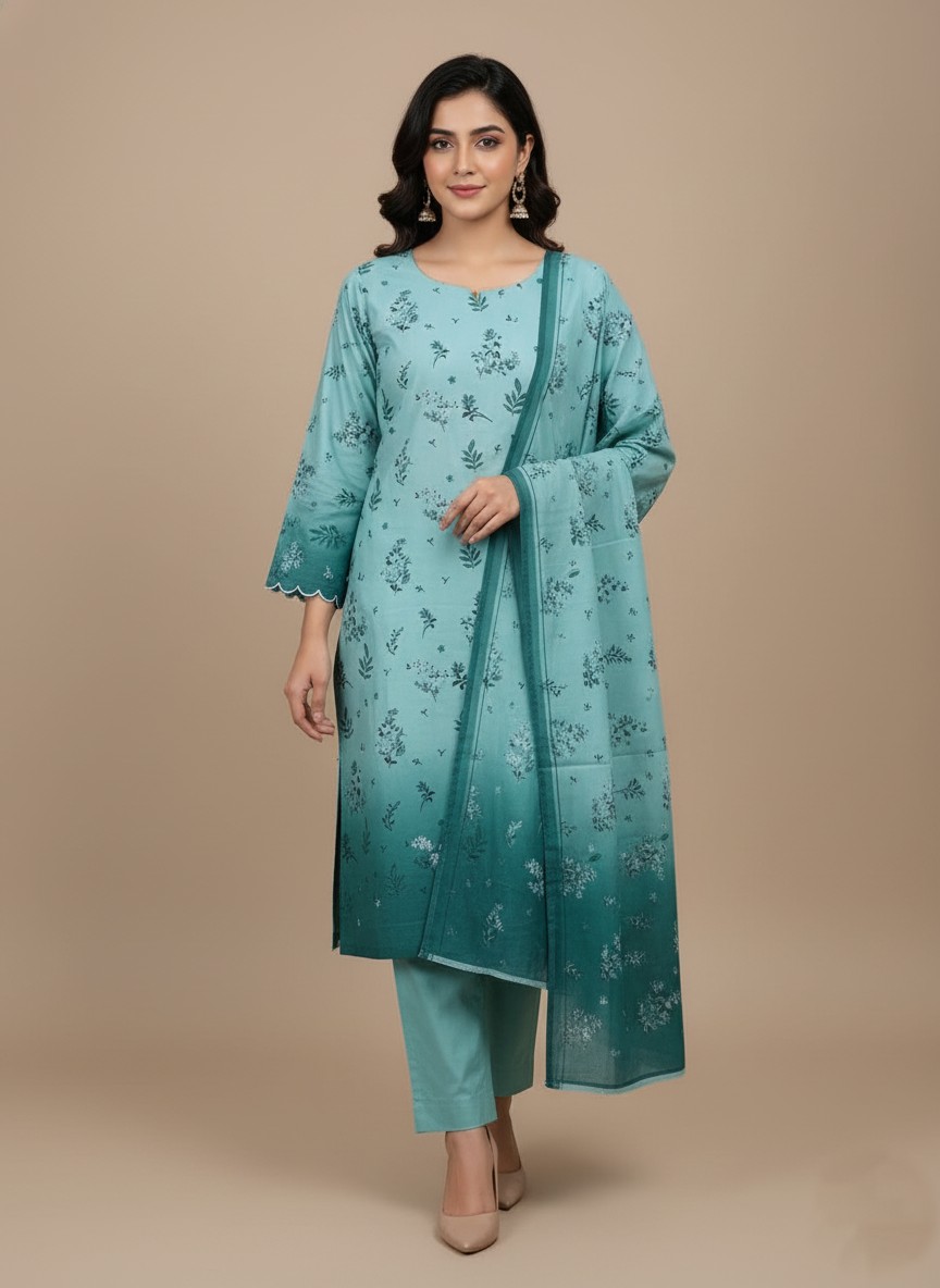 Stylish Teal Floral Printed Lawn Suit for Women A woman wearing a vibrant teal floral printed karandi suit with a long-sleeved shirt and matching trousers and dupatta. The suit has an ombre design transitioning from light to dark teal with white floral prints.