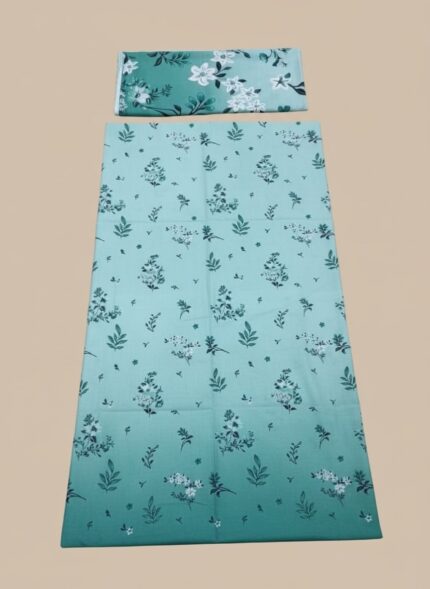 A flat lay showing a teal floral printed lawn suit with a shirt piece and a folded matching dupatta. The fabric features an ombre transition from light to dark teal with white floral patterns.