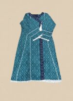 A flat lay showing a teal printed khaddar Angrakha style kurta with geometric patterns, white lace trim along the neckline and hem, a tassel, and a folded matching printed khaddar dupatta.