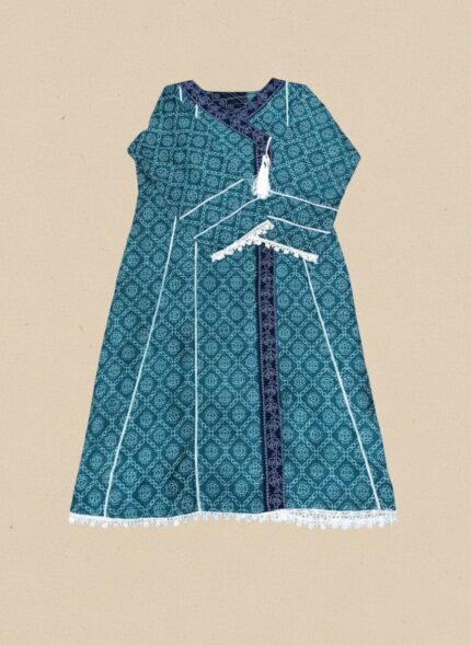 A flat lay showing a teal printed khaddar Angrakha style kurta with geometric patterns, white lace trim along the neckline and hem, a tassel, and a folded matching printed khaddar dupatta.