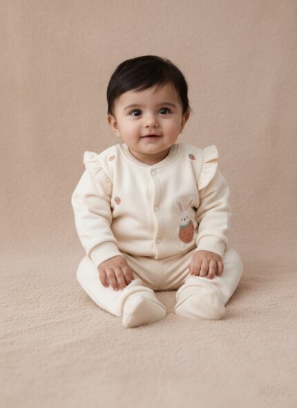 A happy baby sitting and smiling, dressed in a cream long-sleeve sweater featuring a bunny appliqué holding a strawberry, small strawberry embroideries, and ruffle shoulder details, paired with matching cream pants. This is the Baby Bunny & Strawberry Outfit.