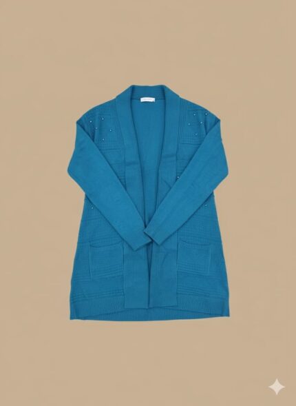 Teal Open Front Sweater with Stud Details