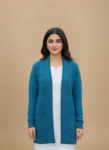 Teal Open Front Sweater with Stud Details