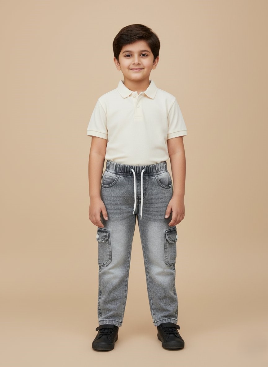 Toddler Boys Washed Grey Drawstring Elastic Waist Cargo Jeans - 1 Toddler boys washed grey cargo jeans with white drawstring, elastic waist, and two side cargo pockets on a light beige background.