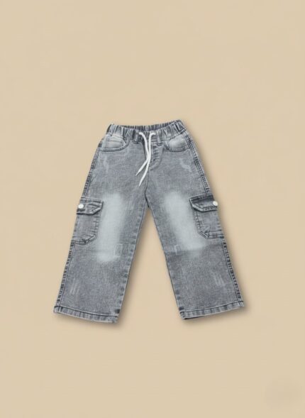 Toddler boys washed grey cargo jeans with white drawstring, elastic waist, and two side cargo pockets on a light beige background.