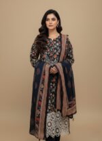 Traditional embroidered black 3 Piece Lawn Suit with orange, red, and white floral patterns, white cutwork lace, and matching dupatta for summer.