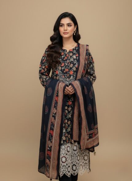Traditional embroidered black 3 Piece Lawn Suit with orange, red, and white floral patterns, white cutwork lace, and matching dupatta for summer.