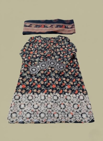 Traditional embroidered black 3 Piece Lawn Suit with orange, red, and white floral patterns, white cutwork lace, and matching dupatta for summer.