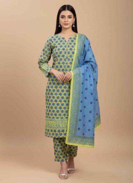 A 3-piece set of unstitched Lawn Suit fabric. The shirt piece is yellow with blue floral block prints. The dupatta piece is light blue with a patterned border. The third piece is folded underneath.