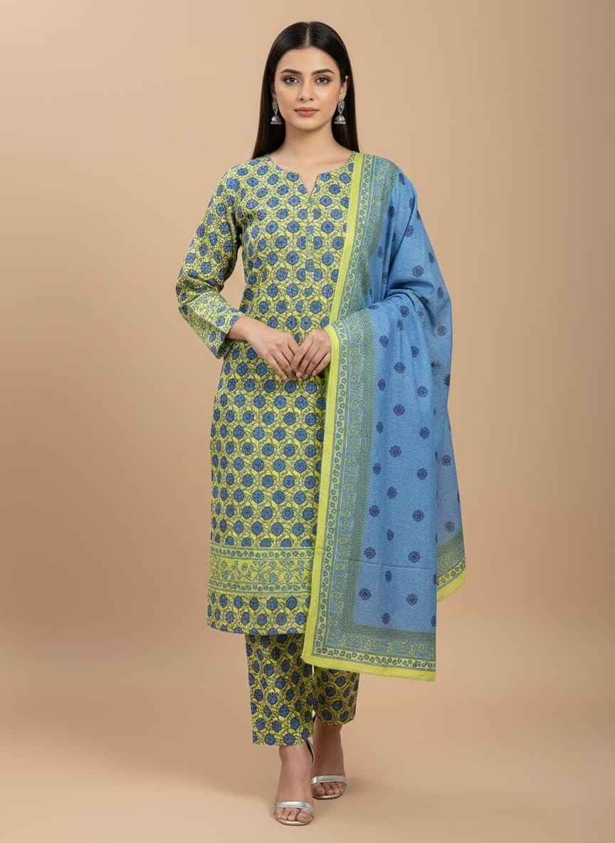 3-Piece Unstitched Lawn Suit | Block Printed Floral Dress Material A 3-piece set of unstitched Lawn Suit fabric. The shirt piece is yellow with blue floral block prints. The dupatta piece is light blue with a patterned border. The third piece is folded underneath.