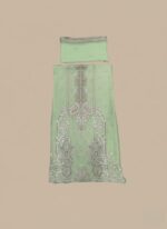 Heavily embroidered lime green unstitched chiffon shirt with elaborate traditional embroidery on the neckline, sleeves, and hem, representing a formal chiffon embroidered dress fabric.