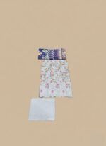 Unstitched 3-piece Embroidered Lawn Suit featuring white Chikan Kari work, pink and yellow floral prints on a light background, and a folded dark blue and purple printed dupatta.