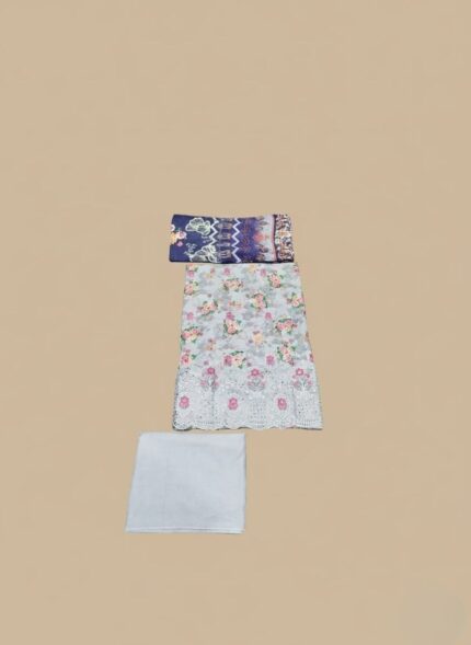 Unstitched 3-piece Embroidered Lawn Suit featuring white Chikan Kari work, pink and yellow floral prints on a light background, and a folded dark blue and purple printed dupatta.