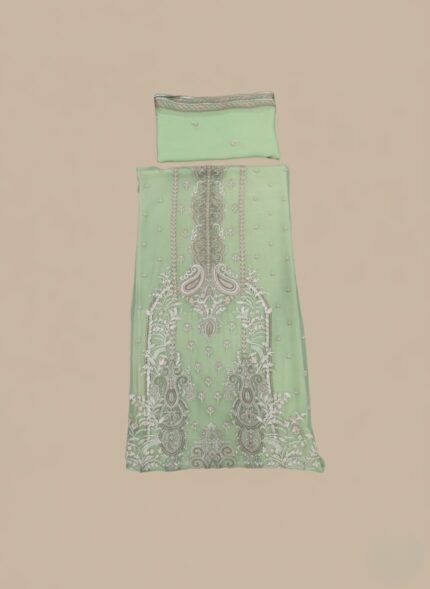 Heavily embroidered lime green unstitched chiffon shirt with elaborate traditional embroidery on the neckline, sleeves, and hem, representing a formal chiffon embroidered dress fabric.