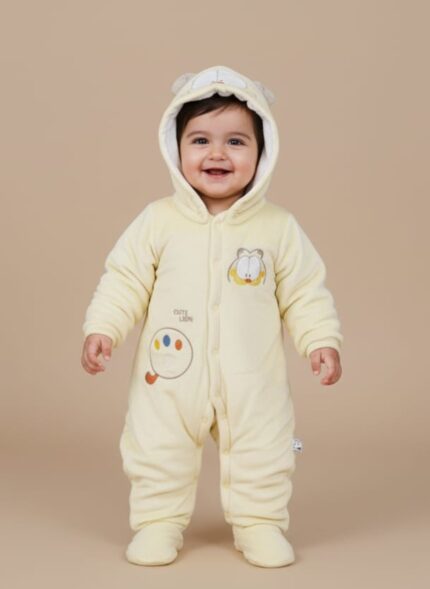 Yellow baby snowsuit with a Garfield face on the hood, additional Garfield embroidery on the chest, and "CUTE LION" graphic on the leg.