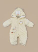 Yellow baby snowsuit with a Garfield face on the hood, additional Garfield embroidery on the chest, and "CUTE LION" graphic on the leg.