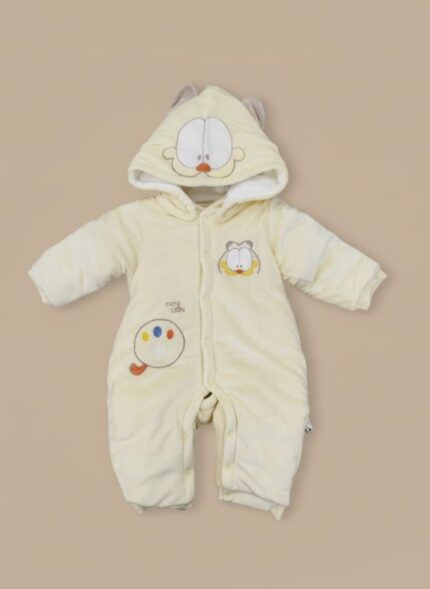 Yellow baby snowsuit with a Garfield face on the hood, additional Garfield embroidery on the chest, and "CUTE LION" graphic on the leg.