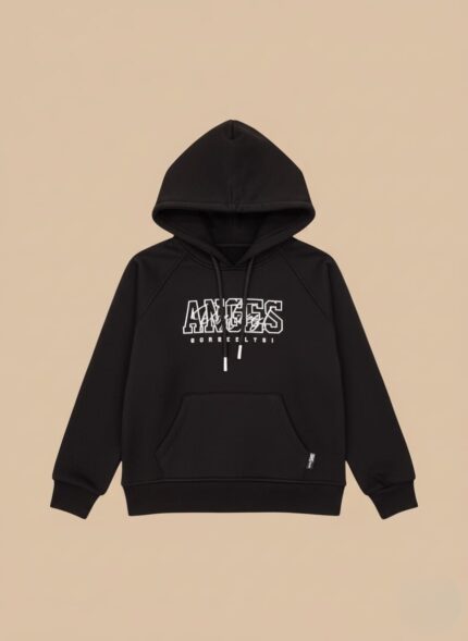 Black hoodie with white Anges Gorreelysi graphic print on the chest, kangaroo pocket, and drawstring hood.