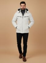 Men's Puffer Jacket - White Hooded Winter Coat with Zip Pockets