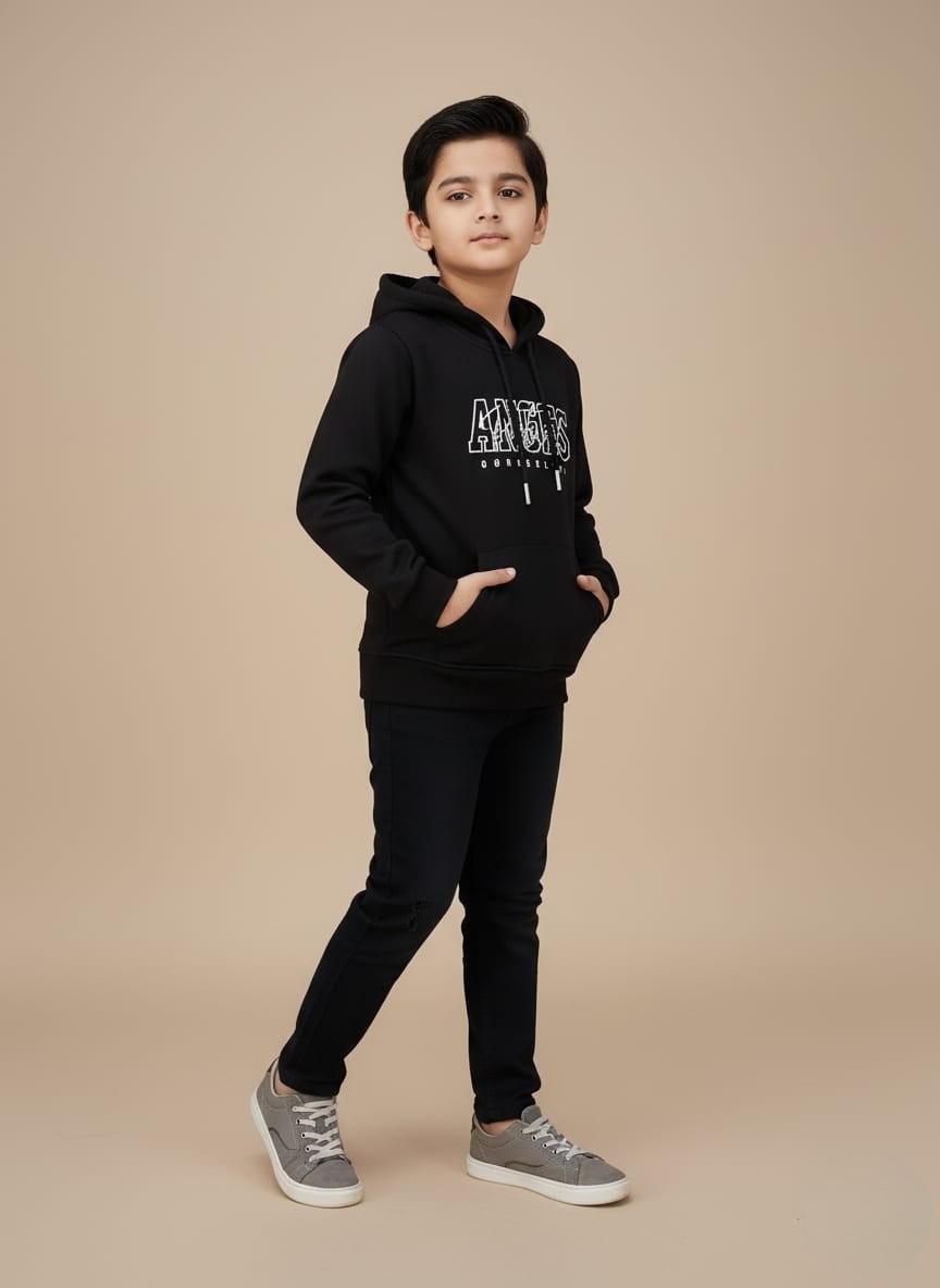 Black Hoodie | Anges Gorreelysi Graphic Pullover Sweatshirt Black hoodie with white Anges Gorreelysi graphic print on the chest, kangaroo pocket, and drawstring hood.