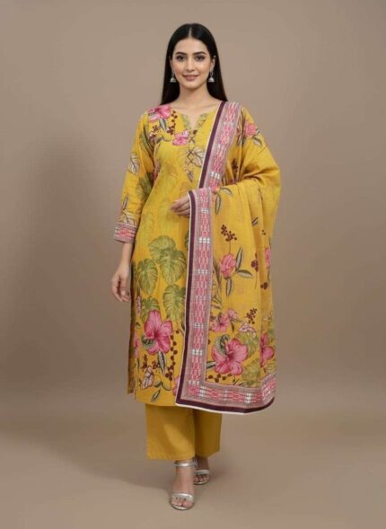 Unstitched 3-piece Maria B Lawn Suit fabric set. The shirt piece is yellow with large pink tropical flowers and green leaves. Includes a plain yellow bottom fabric and a top piece with a maroon patterned border.