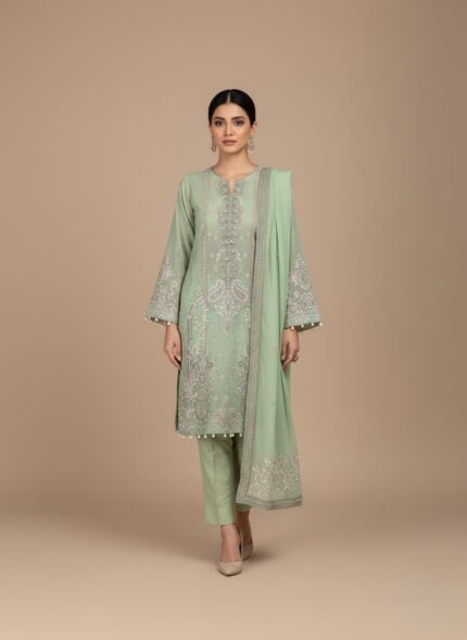 Heavily embroidered lime green unstitched chiffon shirt with elaborate traditional embroidery on the neckline, sleeves, and hem, representing a formal chiffon embroidered dress fabric.