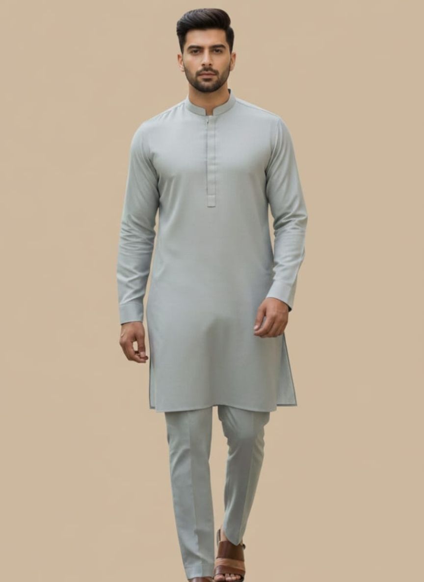 Untitled design (53) Men's Essential Plain Grey Kurta Pajama Set - Image 1