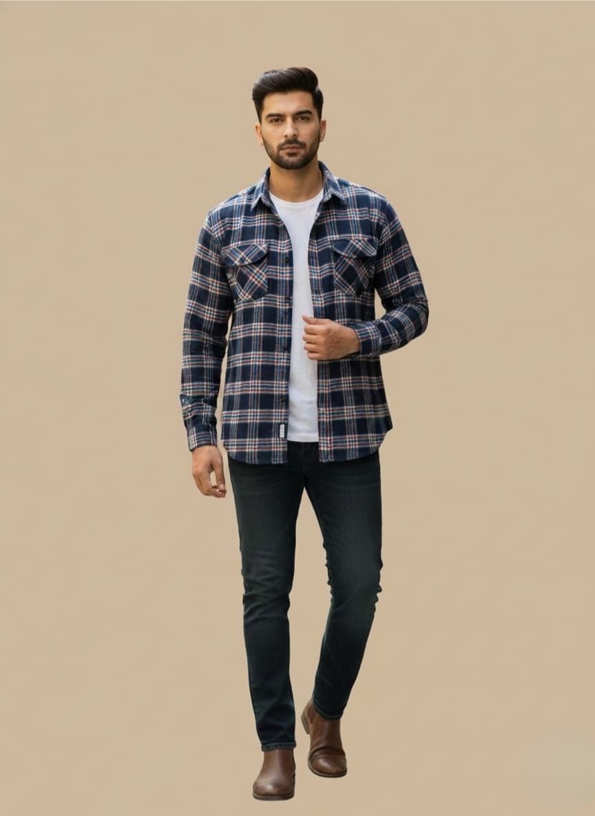 Untitled design (56) Men's Navy & Red Plaid Flannel Shirt - Image 1