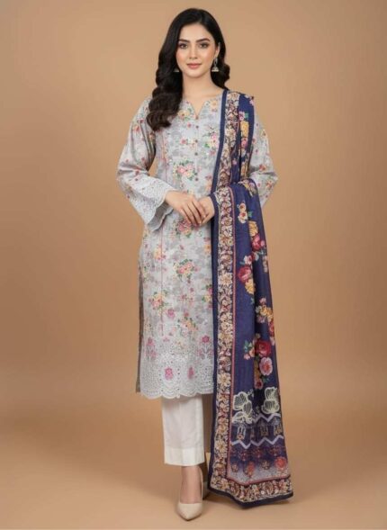 Unstitched 3-piece Embroidered Lawn Suit featuring white Chikan Kari work, pink and yellow floral prints on a light background, and a folded dark blue and purple printed dupatta.