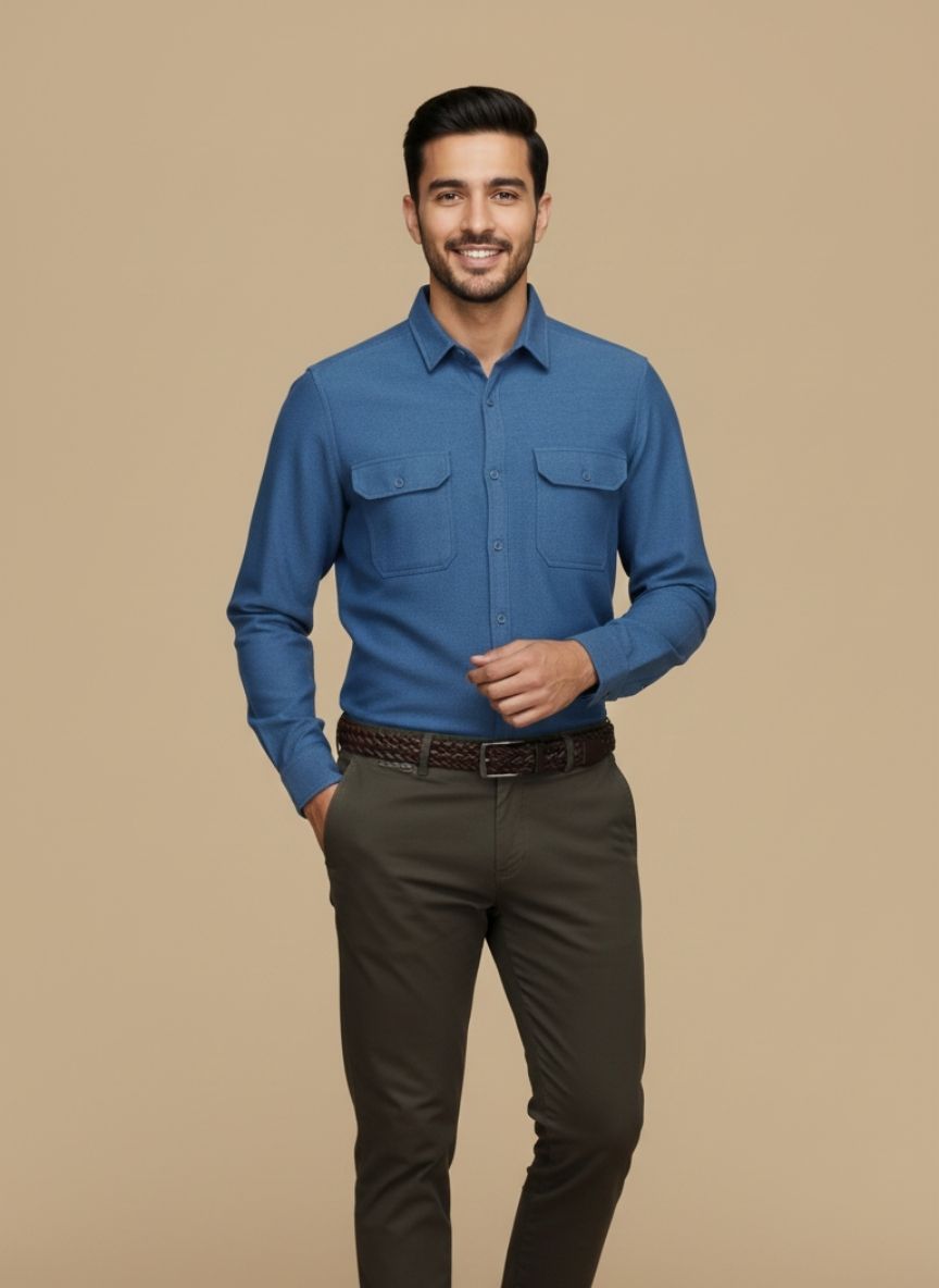 Untitled design (62) Men's Stylish Blue Textured Button Up Shirt - Image 1