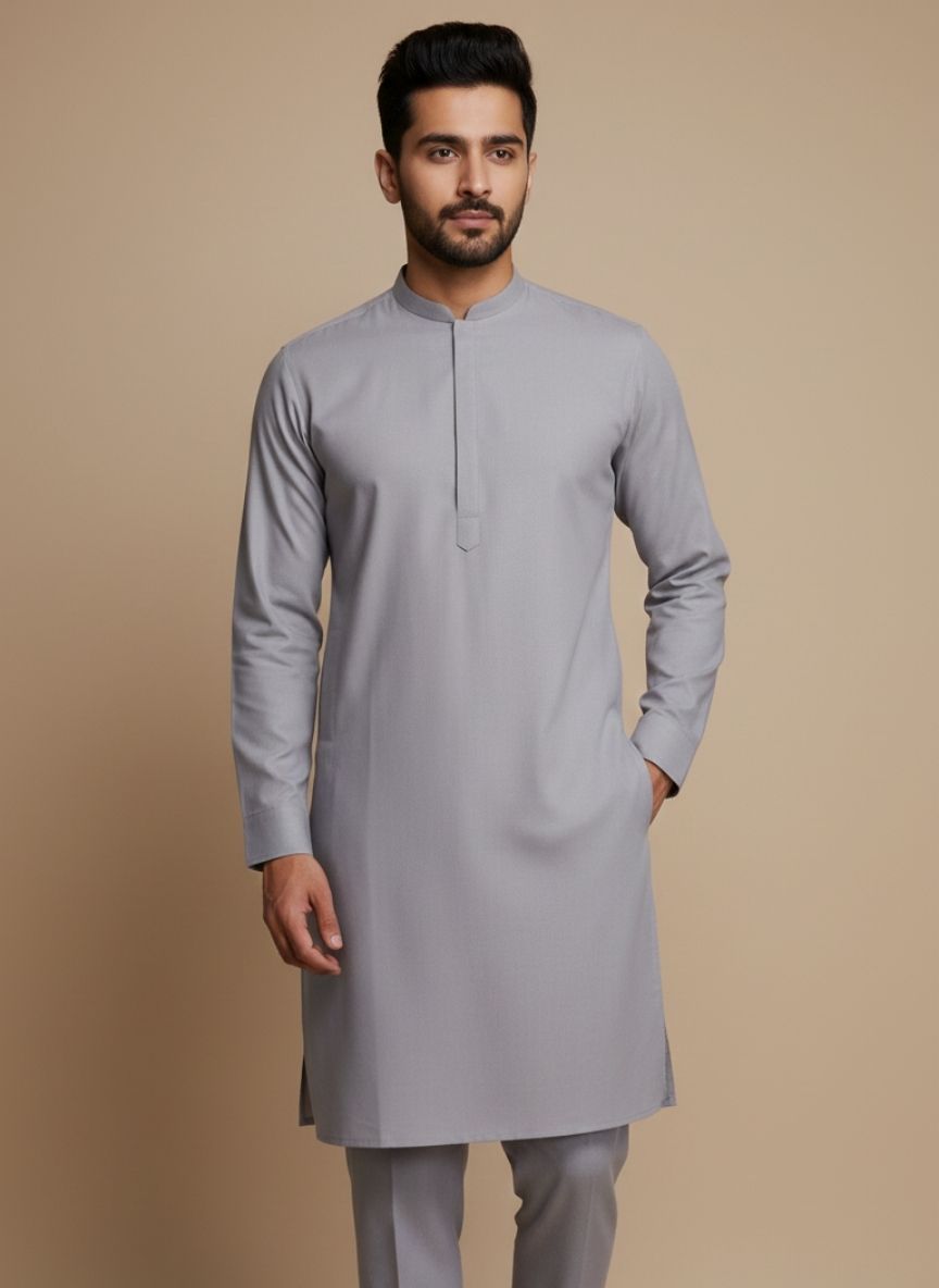 Untitled design (68) Men's Premium Grey Embroidered Kurta Pajama Set - Image 1
