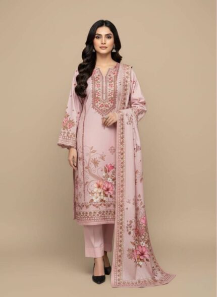 Printed Khaddar Suit unstitched 3-piece fabric set for winter, featuring a [Color] base, printed shirt, and solid colored khaddar trouser and dupatta.