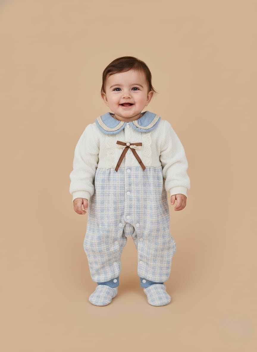 Cute Baby Romper | Plaid & Knit Infant One-Piece Outfit Cute baby romper with white knit upper, blue plaid lower, blue crochet collar, lace, and brown bow.