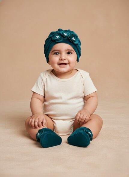 Velvet baby cap and booties set with flower design in red and teal blue for newborns and infants.