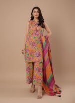 3 PC unstitched lawn fabric with floral and striped patterns on an orange background,