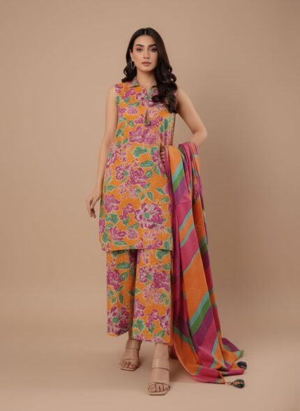 3 PC unstitched lawn fabric with floral and striped patterns on an orange background,