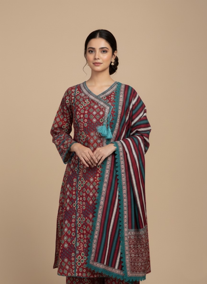 Vibrant Maroon & Teal Printed Khaddar Angrakha Suit A flat lay showing a maroon and teal geometric printed khaddar Angrakha style kurta with a decorative teal tassel, teal lace trim, and a folded plain teal khaddar dupatta.