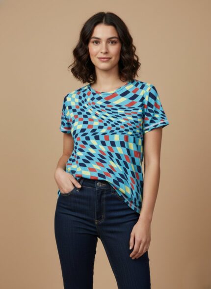 Girls' wavy checkerboard dress with blue, red, and yellow squares in a distorted pattern, front view.