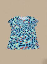 Girls' wavy checkerboard dress with blue, red, and yellow squares in a distorted pattern, front view.