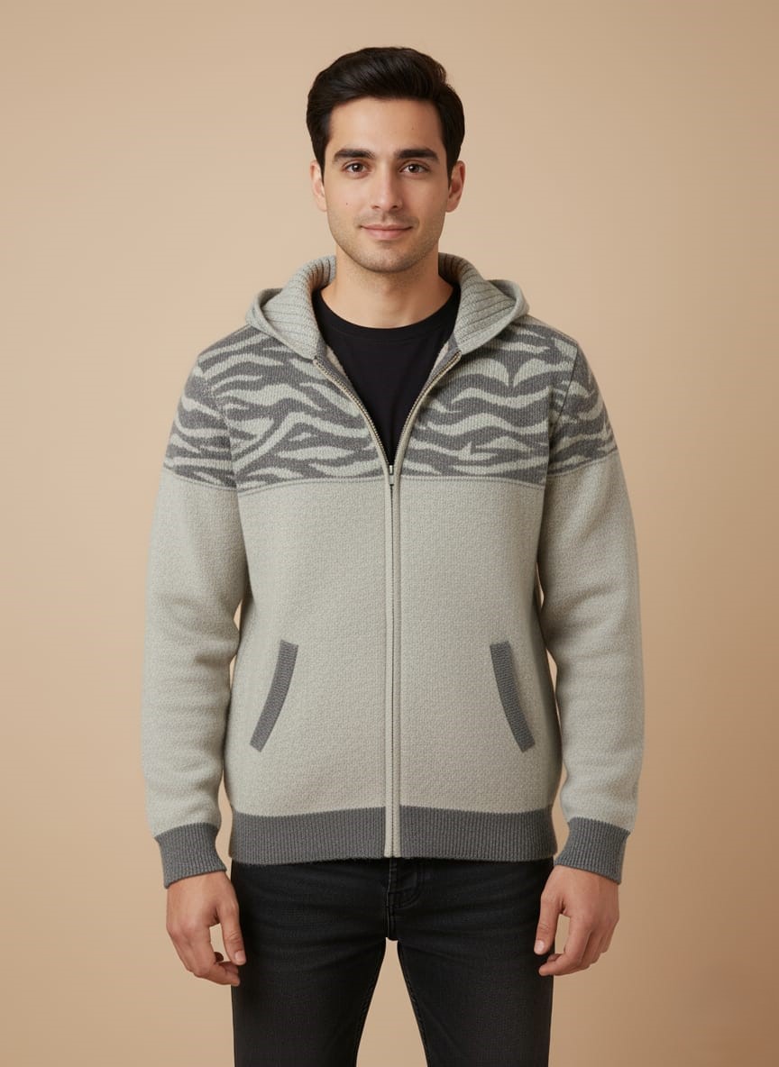 WhatsApp Image 2025-10-22 at 5.47.24 PM Men's Hooded Zebra Print Full Zip Sweater - Knit Cardigan Style - Image 1