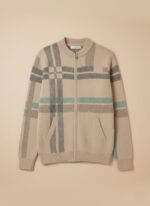 Men's Plaid Full Zip Sweater - Beige Knit with Horizontal Stripes - Image 2