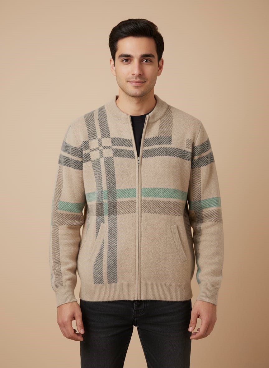 WhatsApp Image 2025-10-22 at 5.47.25 PM (2) Men's Plaid Full Zip Sweater - Beige Knit with Horizontal Stripes - Image 1