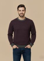 Men's Striped Knit Sweater - Classic Crew Neck Long Sleeve Pullover