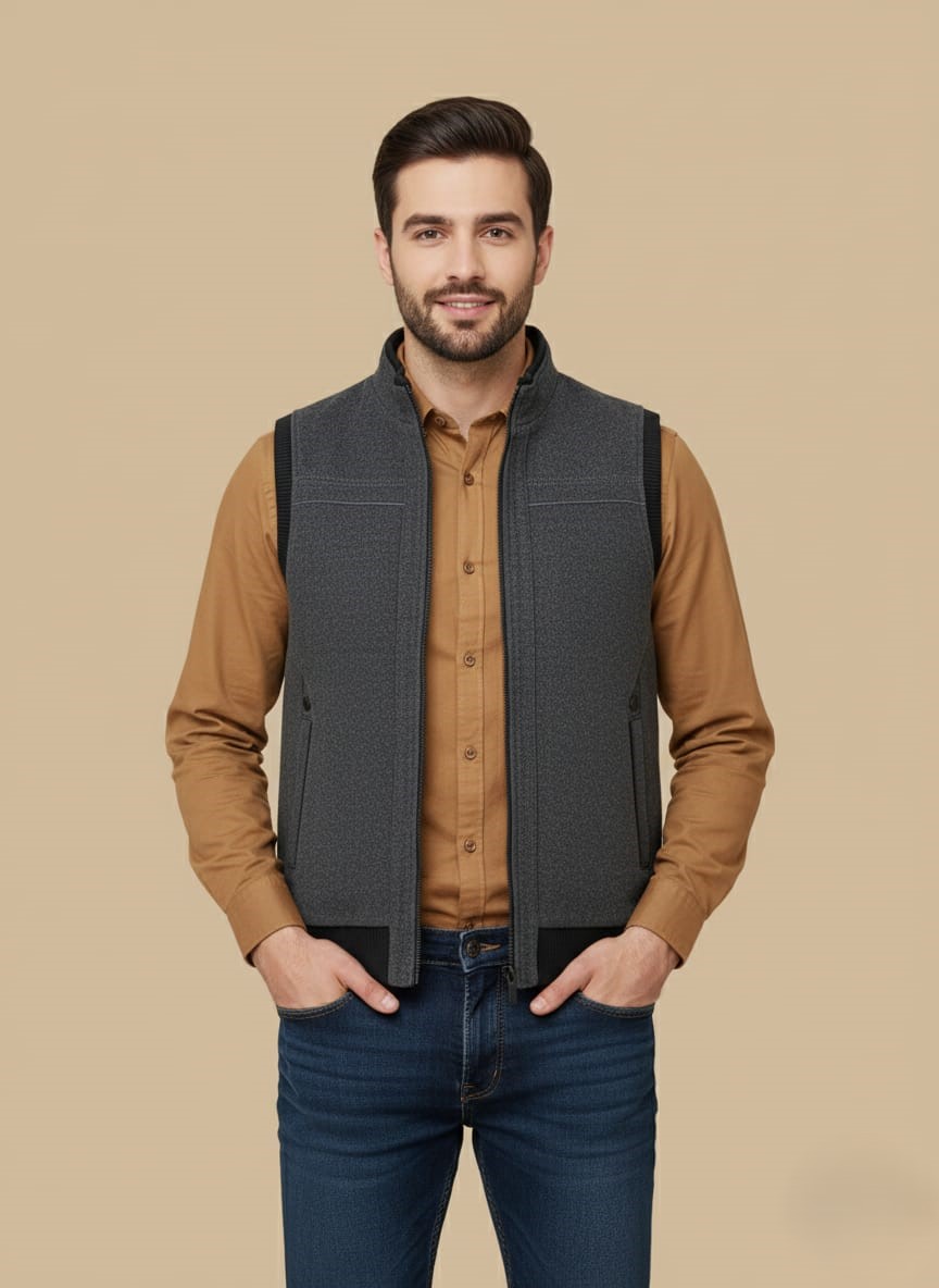 WhatsApp Image 2025-10-22 at 5.47.29 PM (2) Men's Quilted Vest - Charcoal Stand Collar Gilet - Image 1